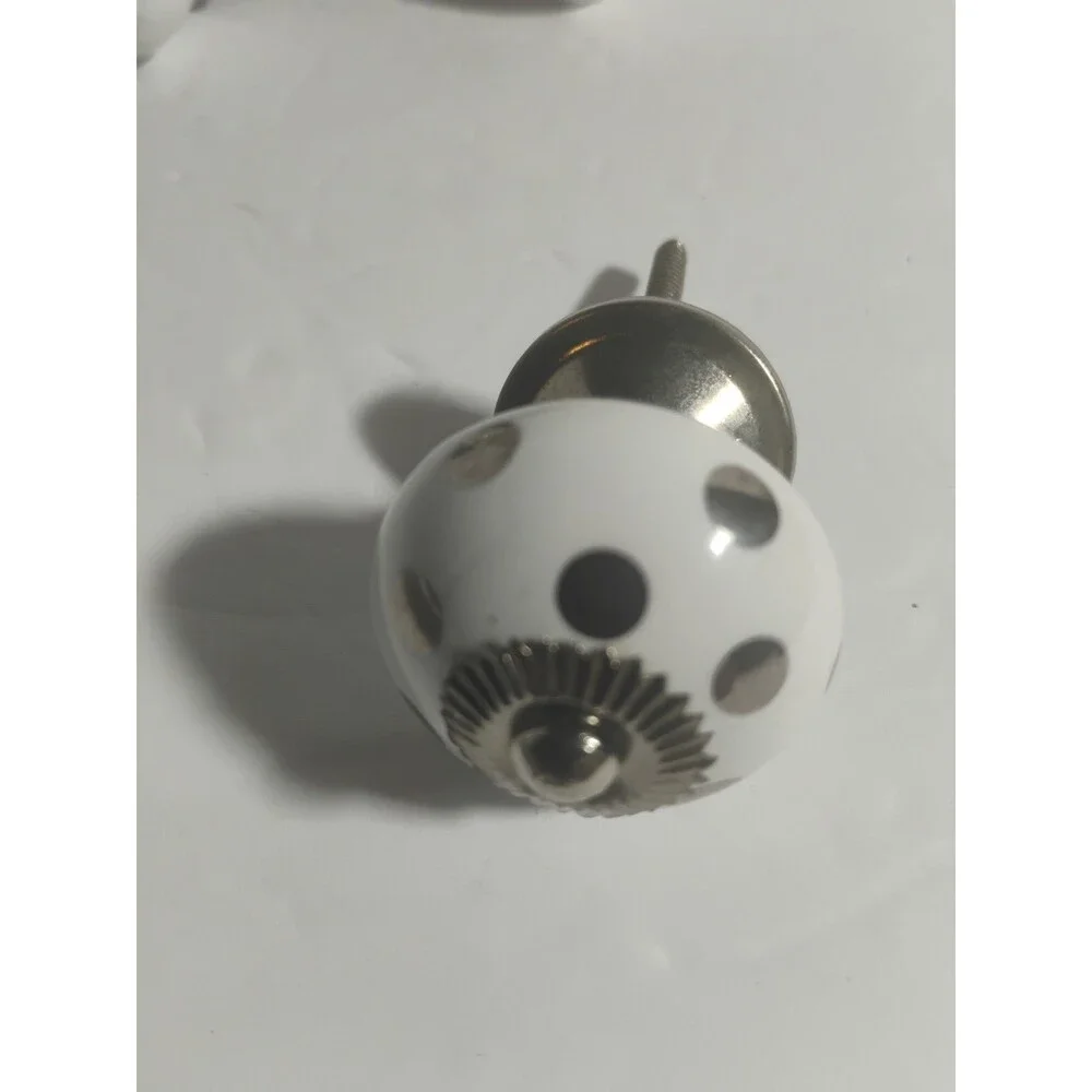 New 6Furniture Knobs, Drawer Pulls, Silver & White Polka Dot Porcelain 2-7/8”